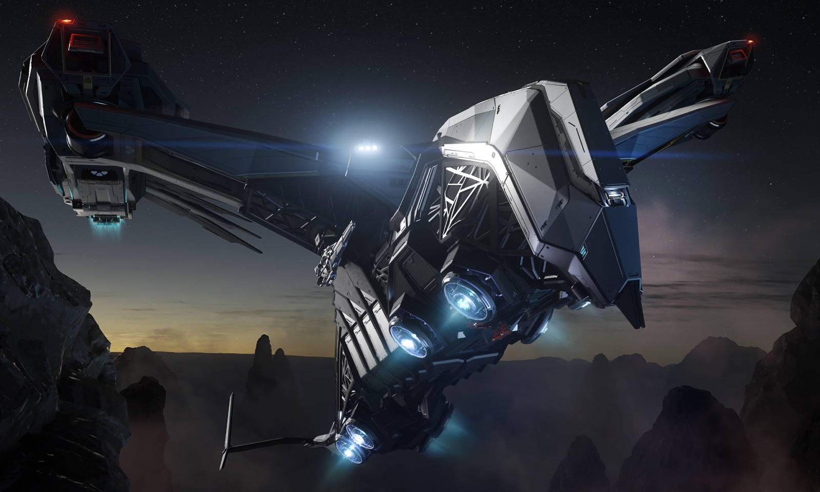 Esperia Prowler hovering low over open terrain, running dark