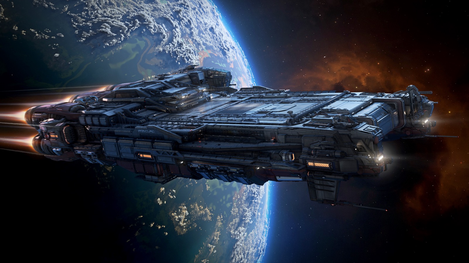 MISC Ironclad heavy freighter burning away from a planet, armored hull lit against the dark