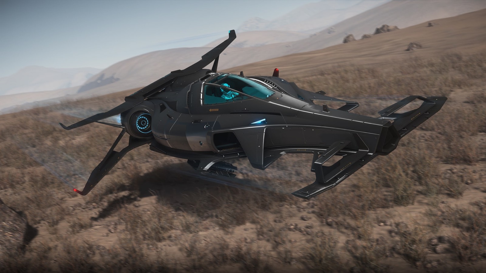 Sleek matte-black Razor EX running low and fast over open terrain, cockpit lit cold blue