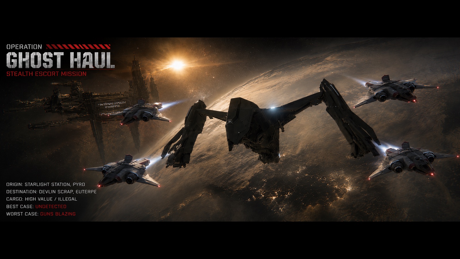 Operation Ghost Haul — a Prowler flanked by four stealth escort fighters over a night-side planet