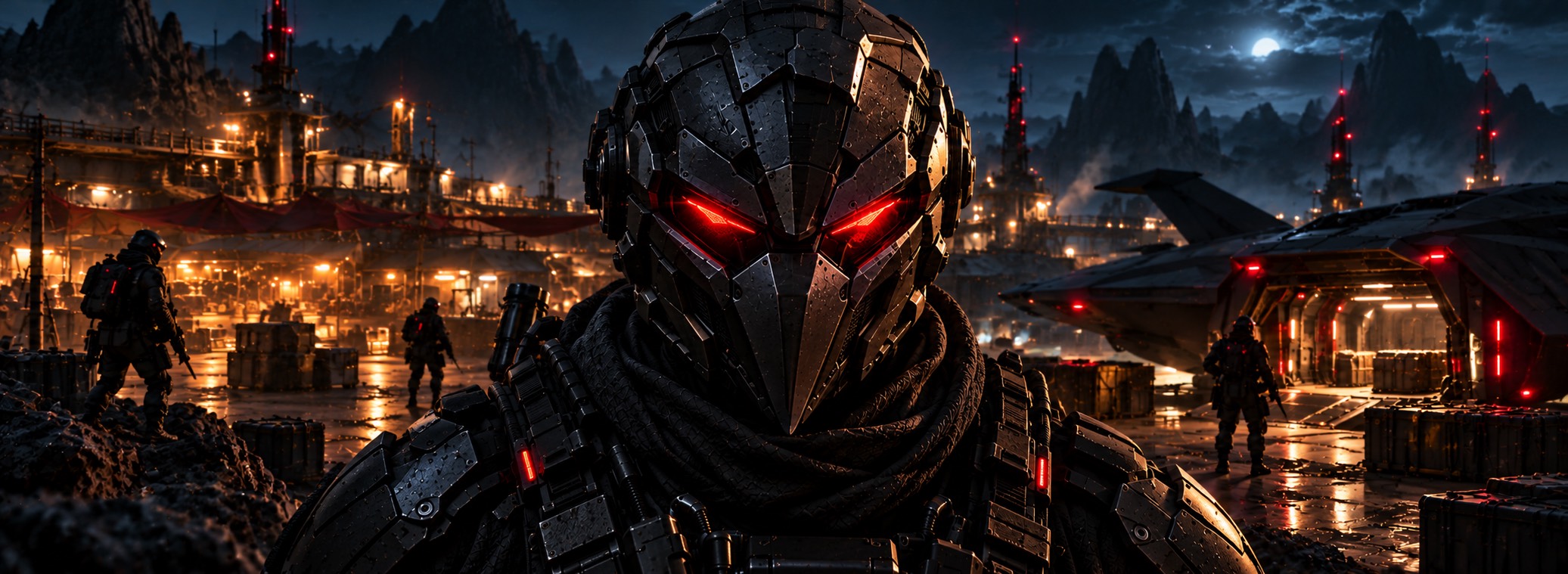 Midnight Raven at Golden Riviera — a raven-masked operator on a night-side landing pad on Bloom, overwatch figures and a stealth ship behind