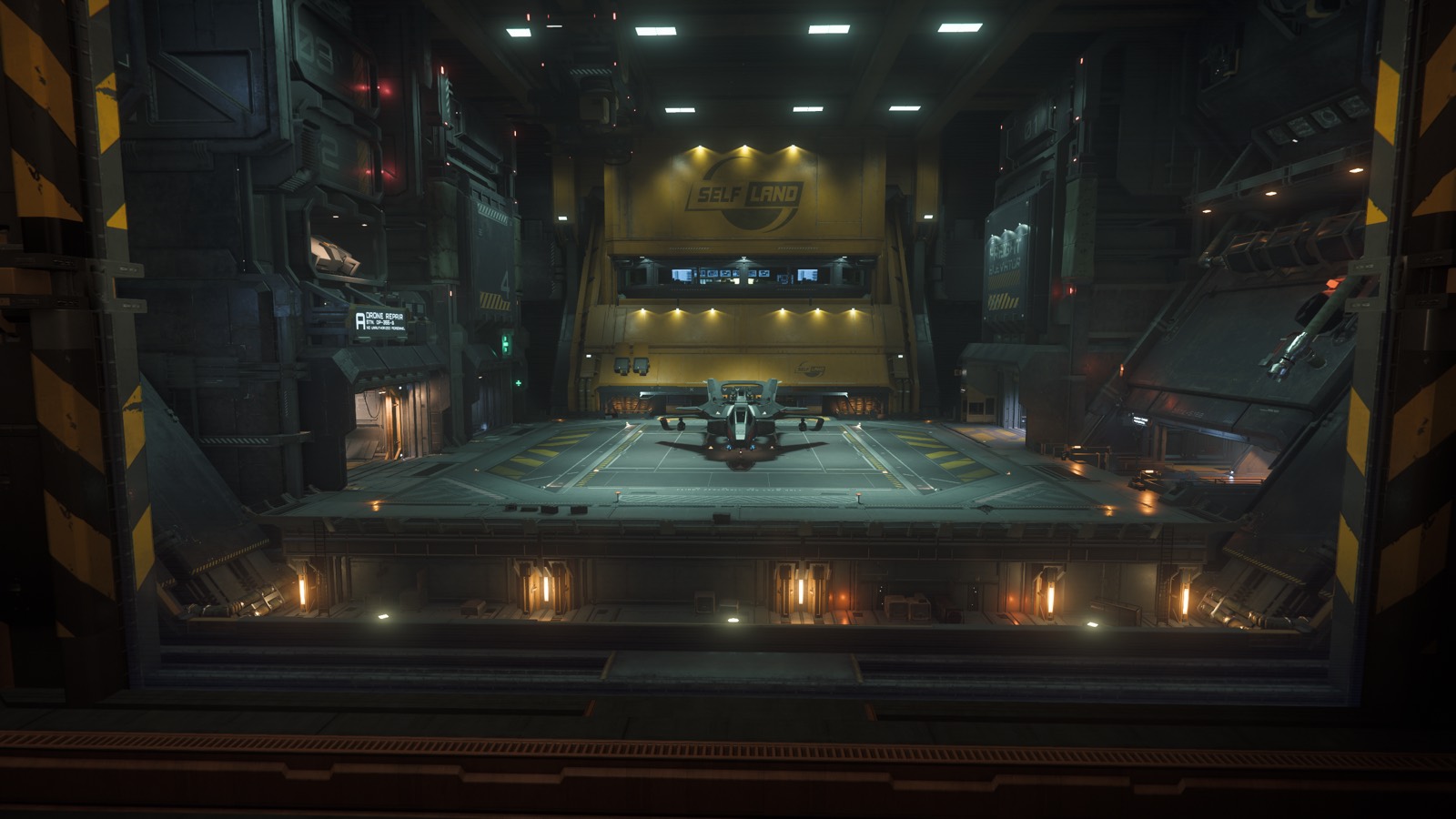 A single ship parked on a landing pad inside a dim industrial hangar bay, room for more
