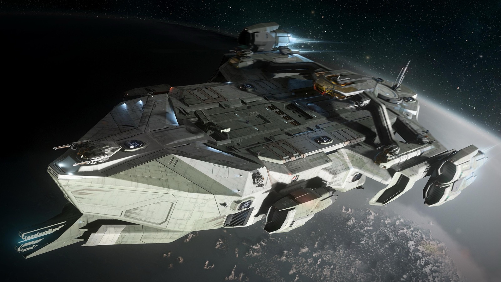 Aegis Idris-M frigate cruising dark over a planet, hull lit by distant sunlight