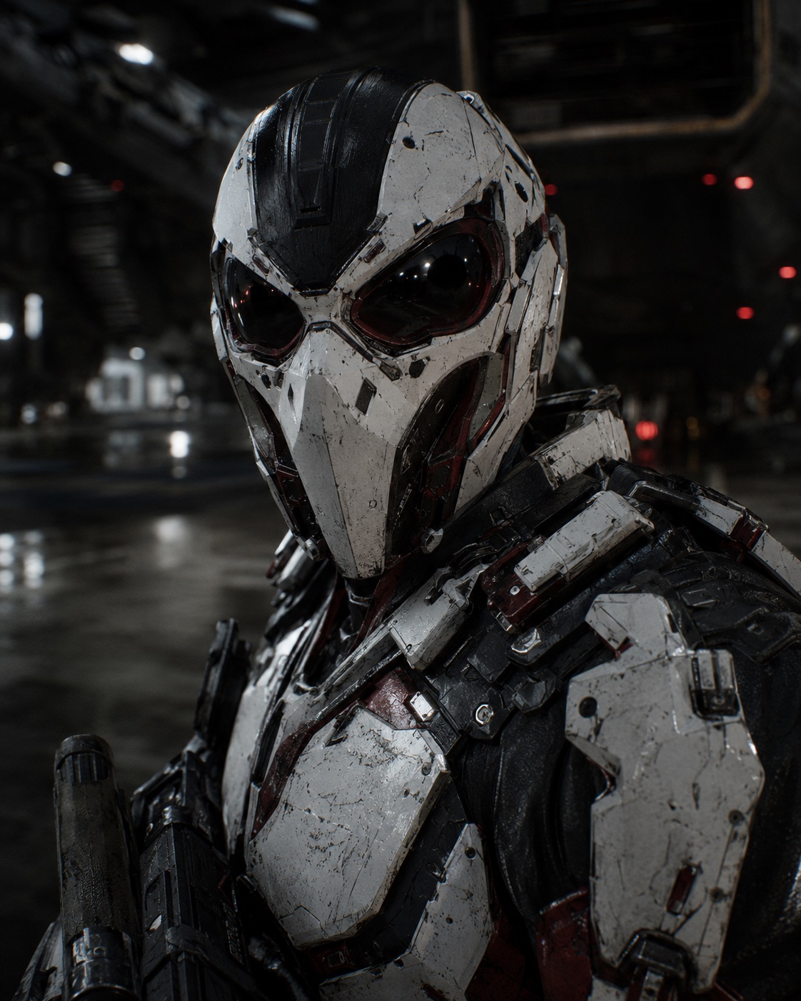 Raven Unit operator in corvid-patterned tactical armor, standing watch in a hangar